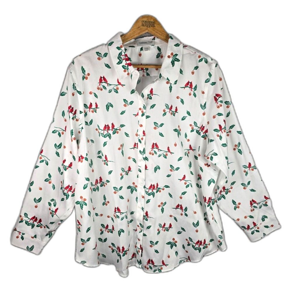 Coldwater Creek Cardinal Bird Print Button Down Shirt White 22W 100 Cotton